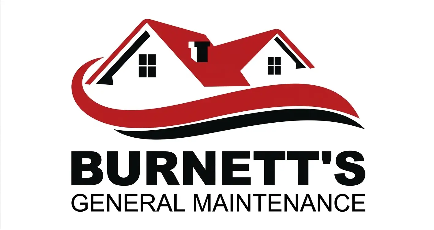 Logo for Burnetts General Maintenance featuring a stylized red and black house roof with chimneys, and bold black text below with the business name.